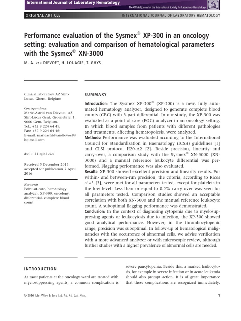 Performance Evaluation of The Sysmex XP-300 in An Oncology Setting ...
