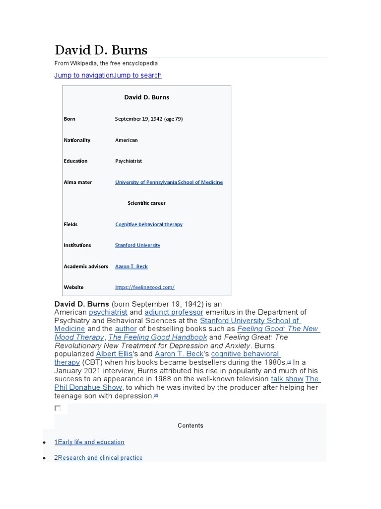 David D. Burns: Jump To Navigation Jump To Search | PDF | Psychotherapy ...