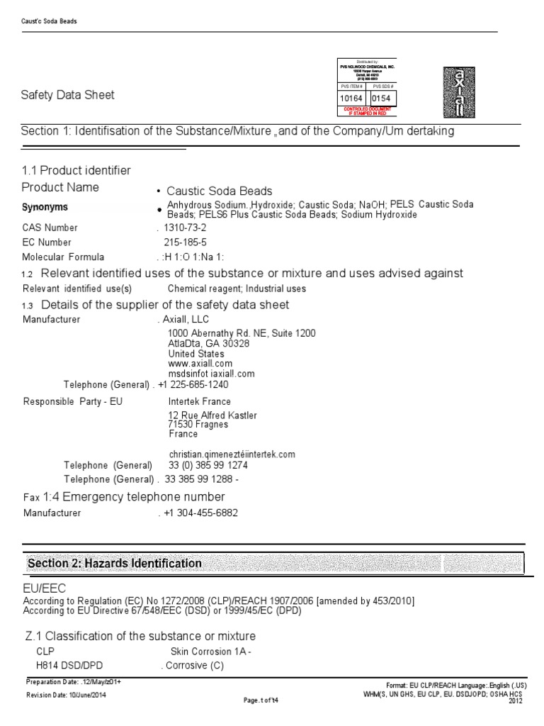 Caustic Soda Pels (Axiall) SDS PDF Sodium Hydroxide Working
