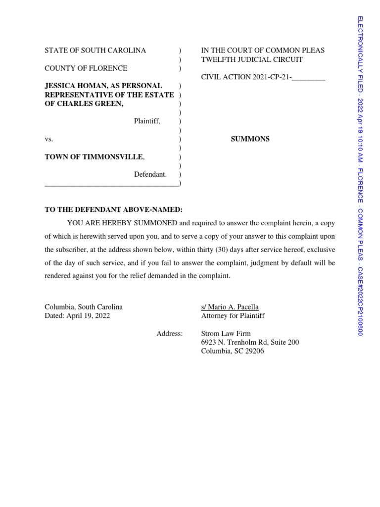 Charles Green Lawsuit Against Timmonsville Police PDF Complaint