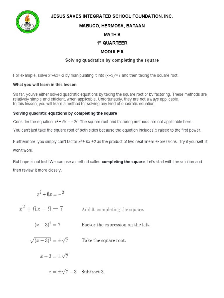 Solving Quadratics by Completing The Square | PDF