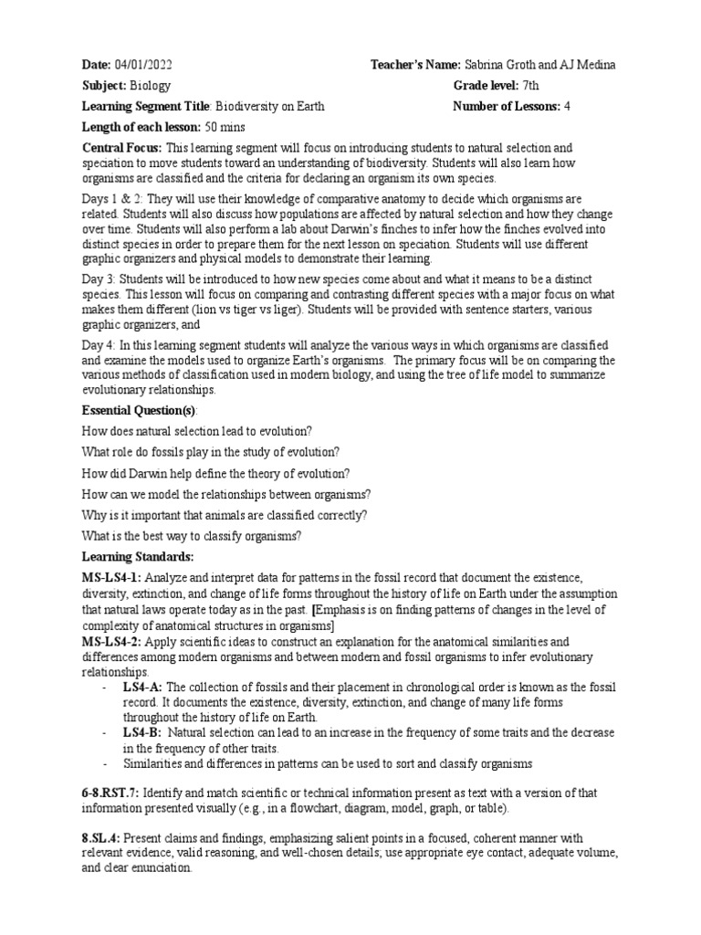 Entire Lesson Plan Pdf Species Evolution