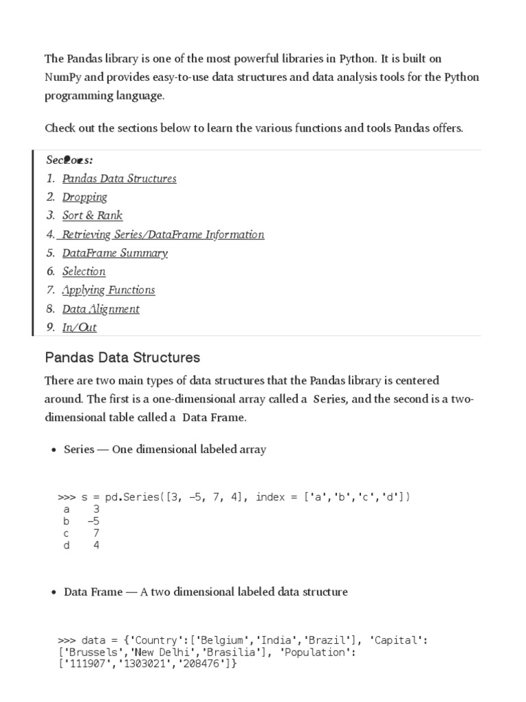 Pandas Data Structures: Sections | PDF | Microsoft Excel | Array Data ...