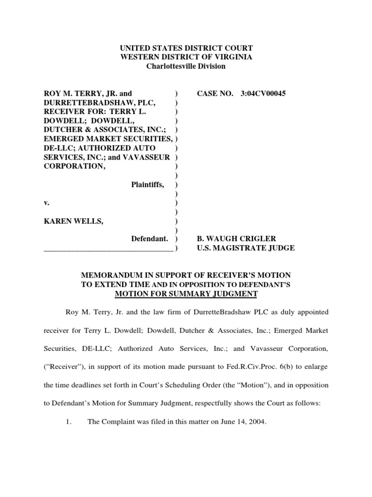 Receiver's Motion to Extend Deadlines | PDF | Summary Judgment ...