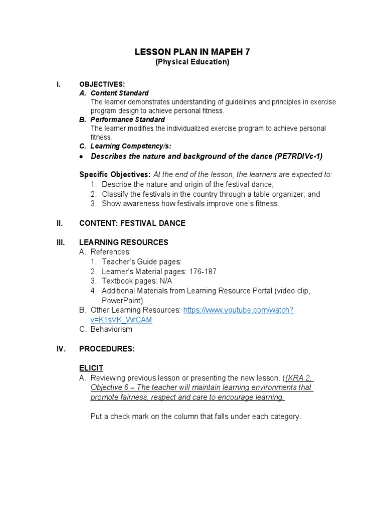 MAPEH 7 Festival Dance Lesson Plan | PDF | Learning | Teachers