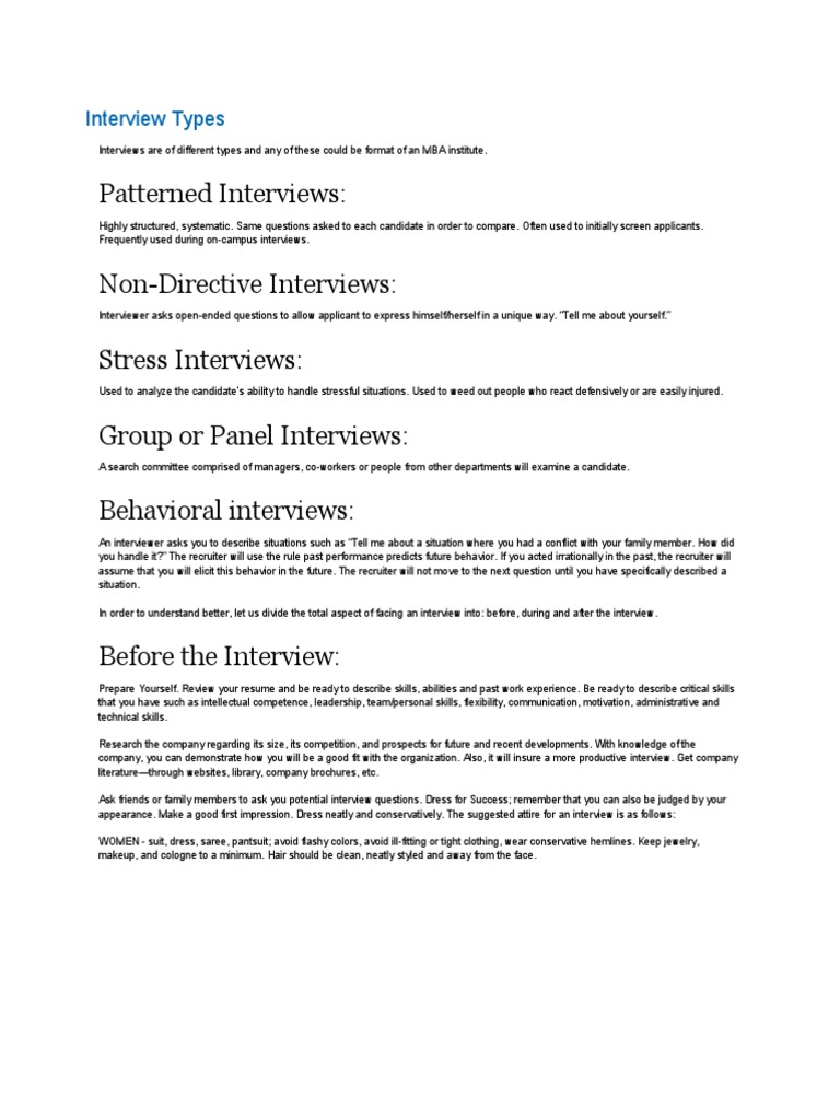 Patterned Interviews: Non-Directive Interviews: Stress Interviews ...