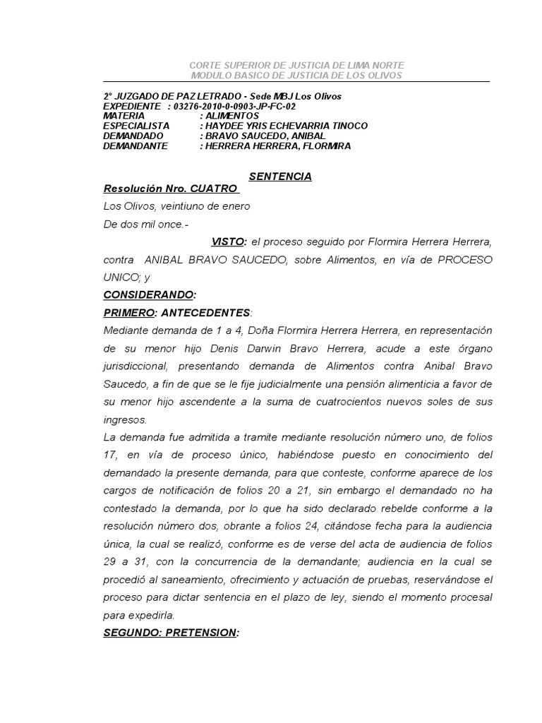 Sentencia de Alimentos PDF Pensión alimenticia Demanda judicial