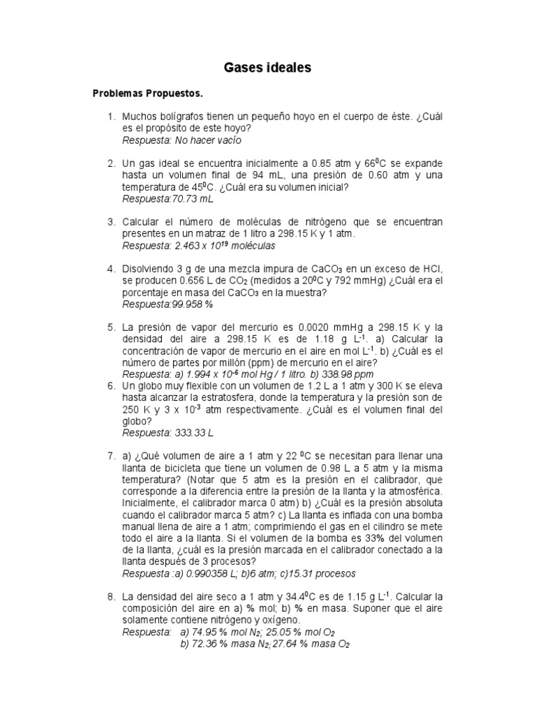 Serie de Problemas de Gases Ideales | PDF | Gases | Atmósfera de tierra