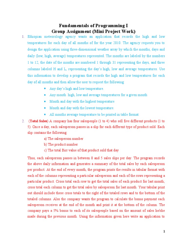 Fundamentals of Programming I Group Assignment (Mini Project Work ...