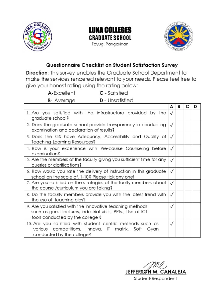 Student Satisfaction Survey Checklist | PDF | Career & Growth