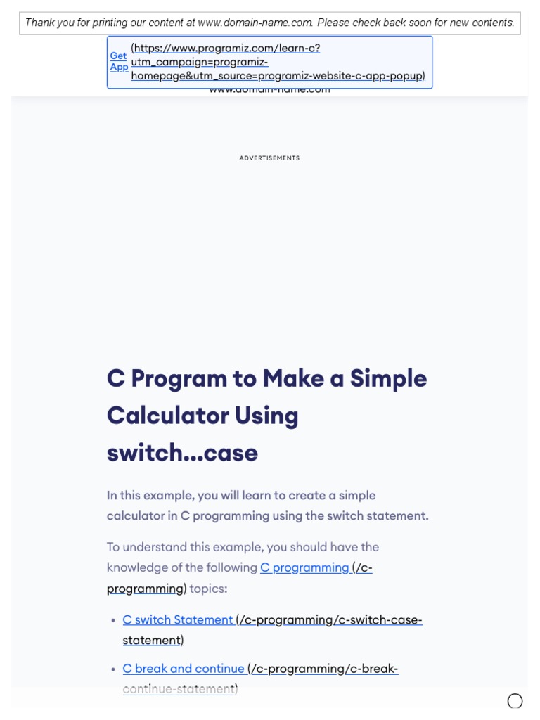 C Program To Make A Simple Calculator Using Switch... Case | PDF ...