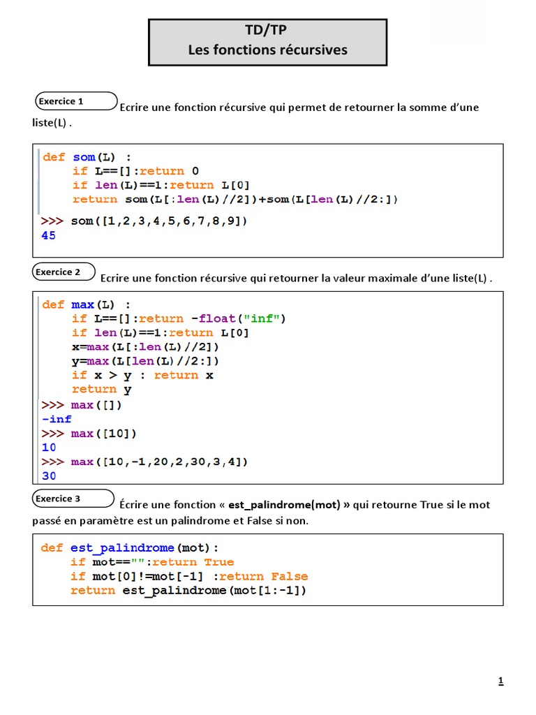 TD/TP Les Fonctions Récursives: Exercice 1 | PDF