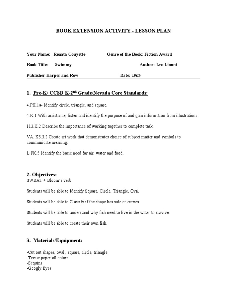 Book Extension Activity Lesson Plan PDF Cognition