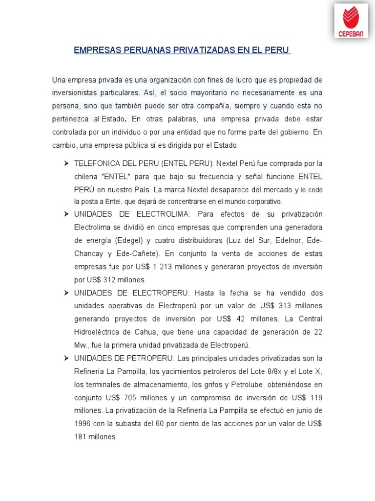 Empresas Privatizadas y Mixtas en Perú | PDF | Perú | Privatización
