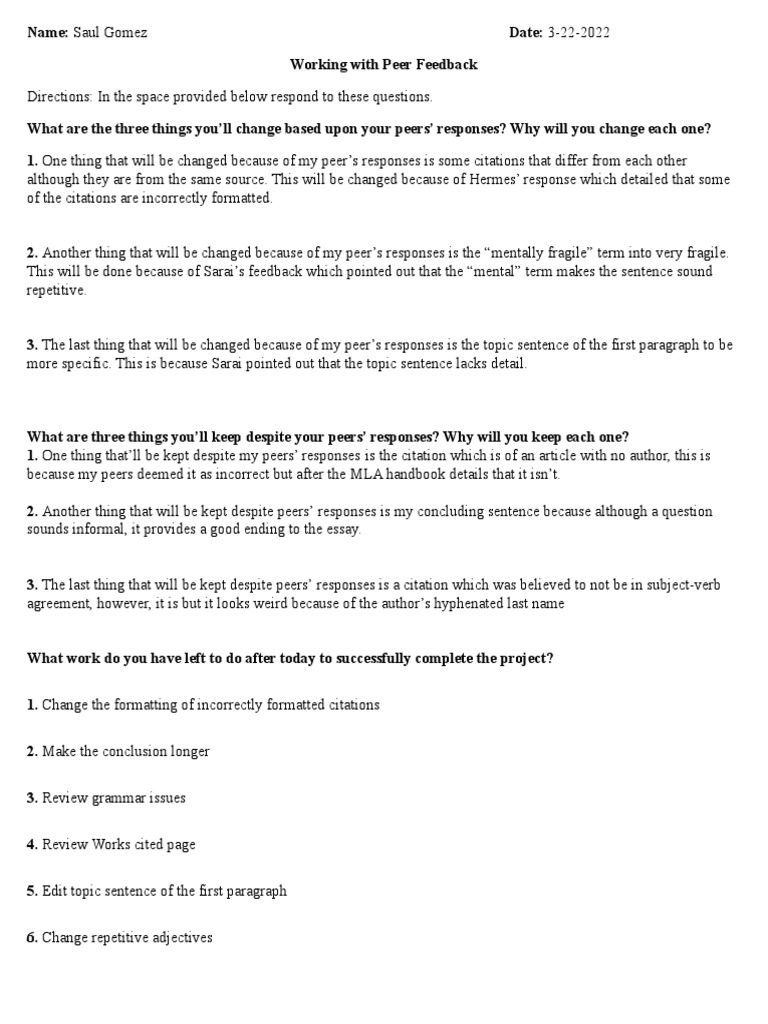 Essay 2 Working With Peer Feedback Sheet | PDF