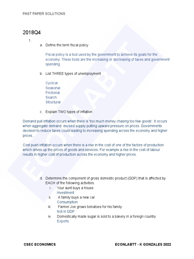 CSEC Economics Past Paper Solutions | PDF | Gross Domestic Product ...