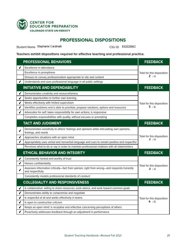 Student Teacher Disposition Guide | PDF | Teachers | Learning