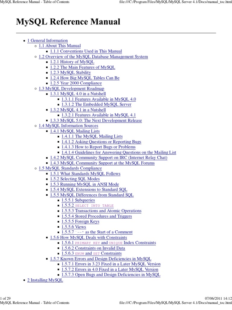 MySQL Reference Manual - Table of Contents | My Sql | Database Index