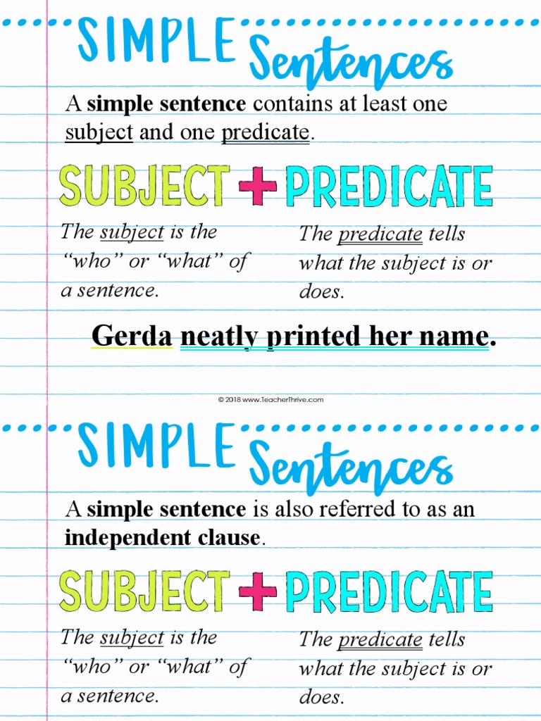 A Simple Sentence Contains at Least One Subject and One Predicate | PDF ...