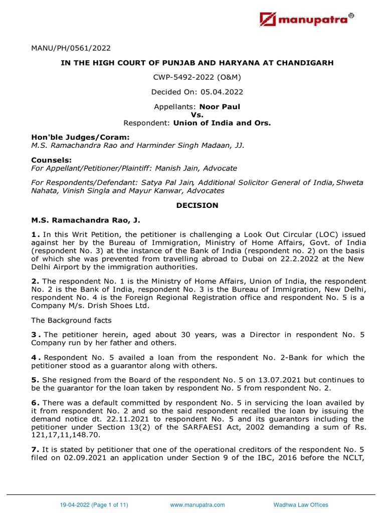 Writ Petition Against Look Out Circular | PDF | Supreme Court Of India ...