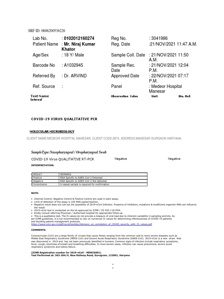COVID-19 PCR Test Report for Patient | PDF | Infection | Medical ...