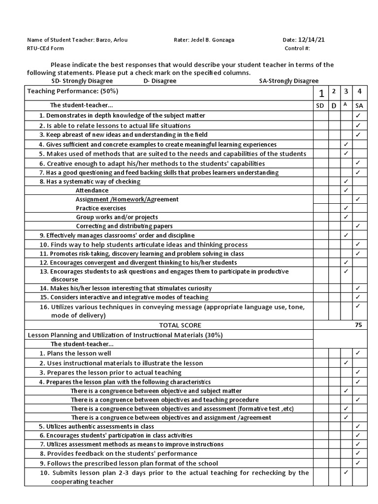 RTU CEd Student Teacher Evaluation | PDF | Teachers | Lesson Plan