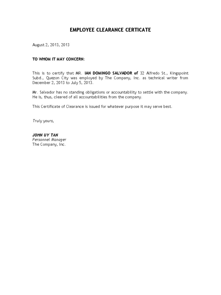 Employee Clearance Certificate PDF