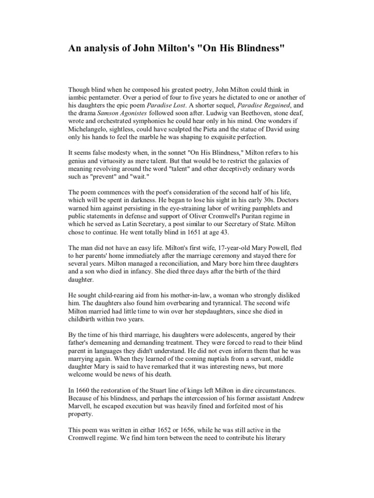 An Analysis of John Milton's On His Blindness PDF John Milton Poetry