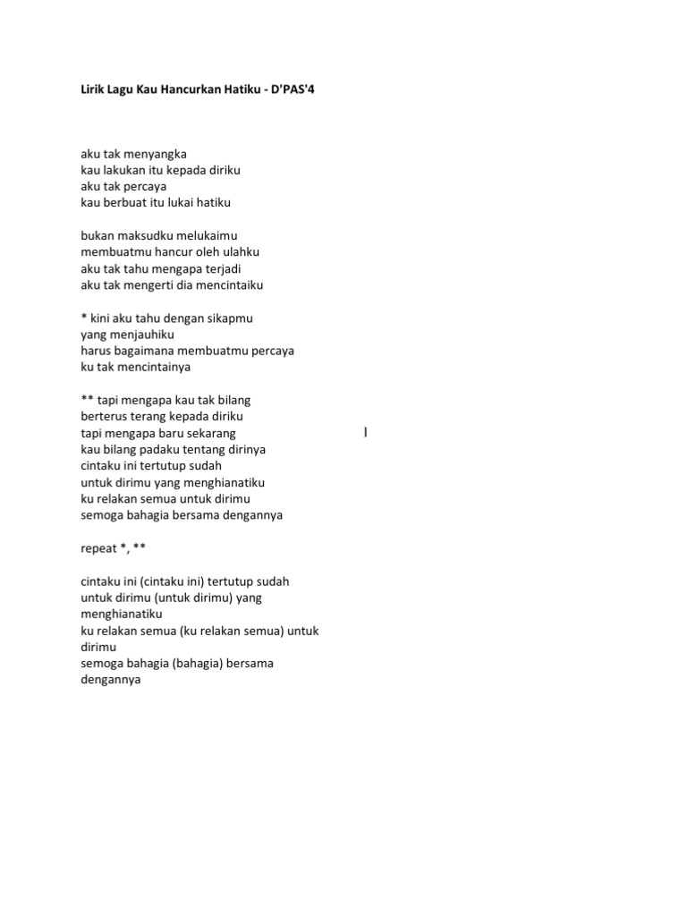 Lirik Lagu Kau Hancurkan Hatiku Pdf