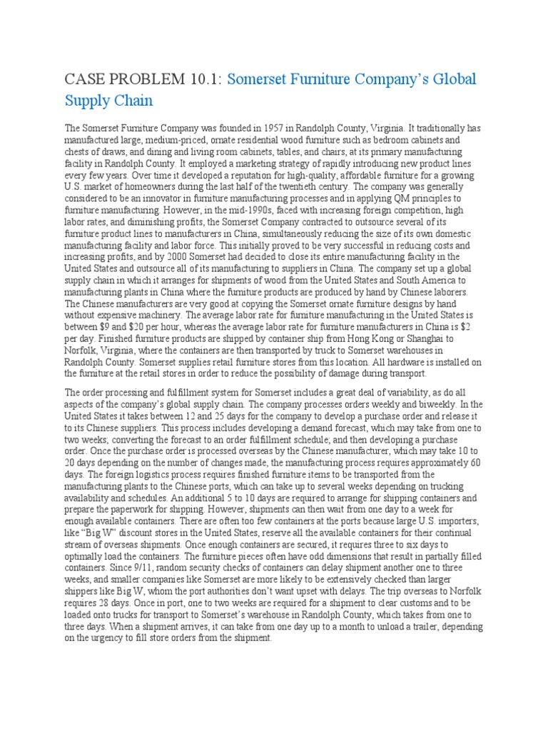 Somerset Furniture Company's Struggles with a Global Supply Chain