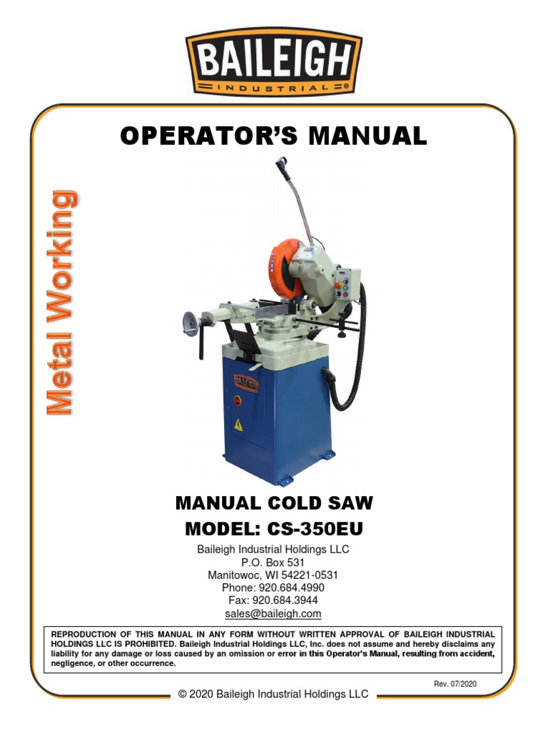 Baileigh Cold Cut Saw CS350 Manual PDF Electrical Connector Legal