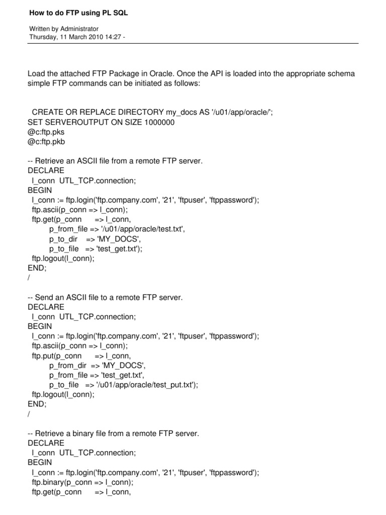 FTP Operations in PL/SQL Guide | PDF | File Transfer Protocol | Oracle ...