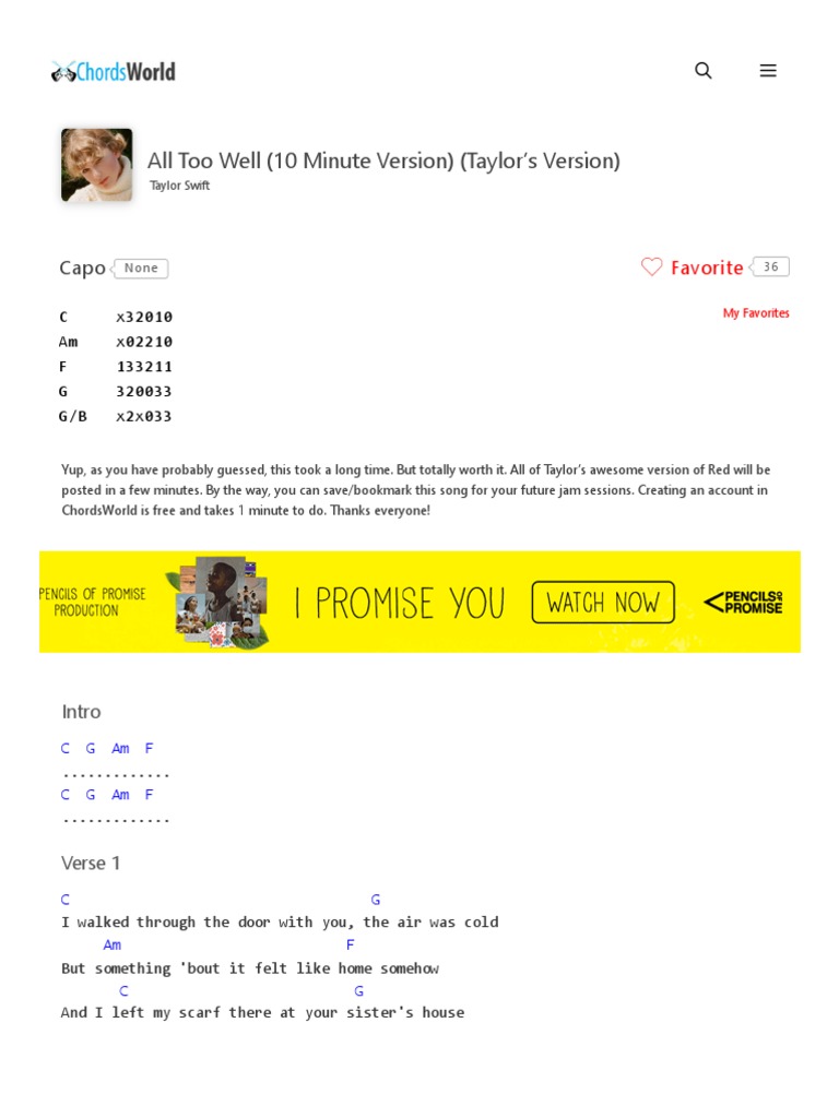 Chords All Too Well Taylor Swift - All Too Well Chords (10 Minute Version) (Taylor's Version) |  PDF | Song Structure | Love Yourself