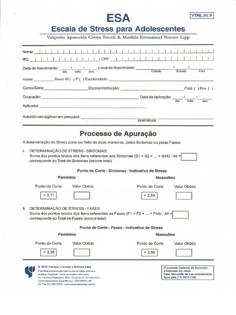Escala de Stress para Adolescente Processo de Apuração | PDF