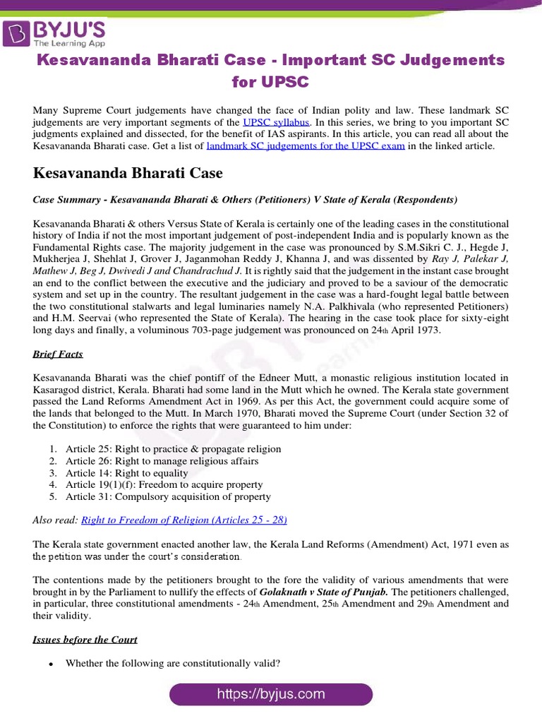 Kesavananda Bharati Case Important Sc Judgements For Upsc Download
