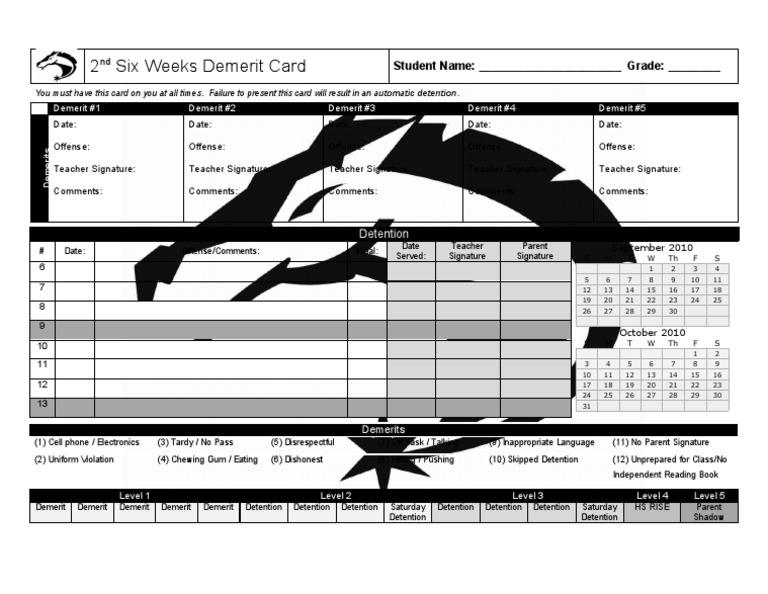 2 Six Weeks Demerit Card: Student Name: - Grade | PDF