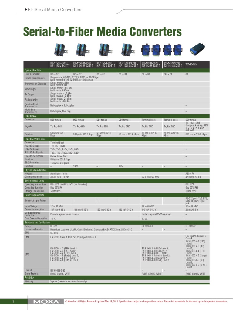 Comparison Chart For Serial-to-Fiber Media Converters | PDF ...