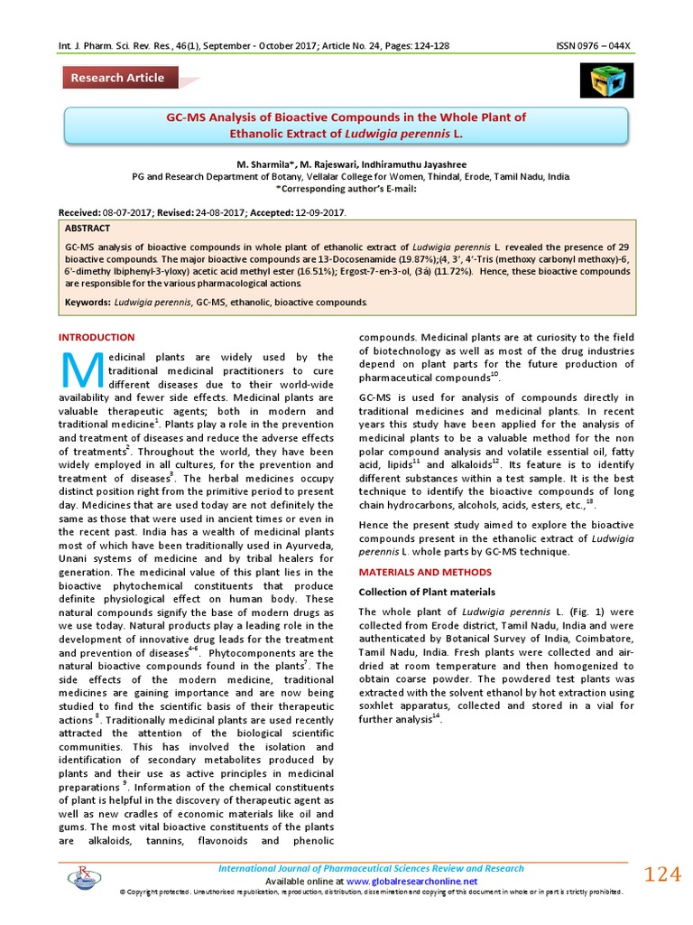 GC-MS Analysis of Bioactive Compounds in The Whole Plant of Ethanolic ...