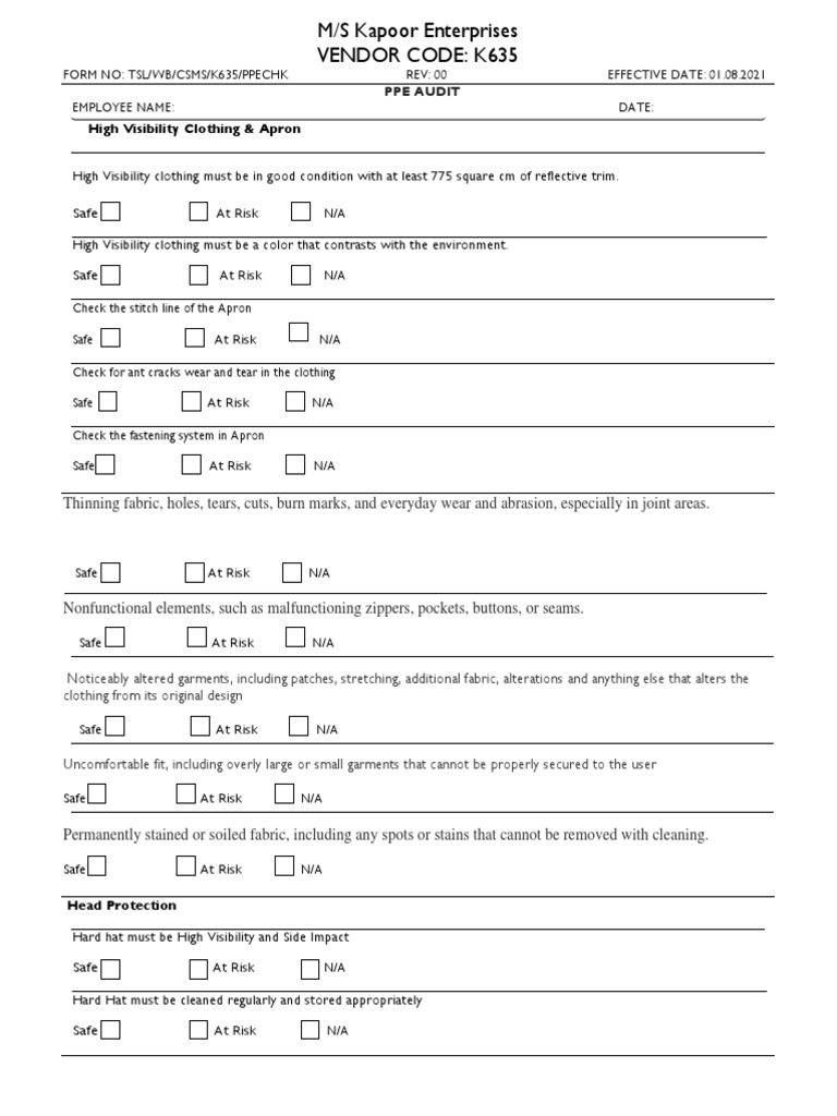 Ppe audit checklist and feedback pdf clothing personal protective