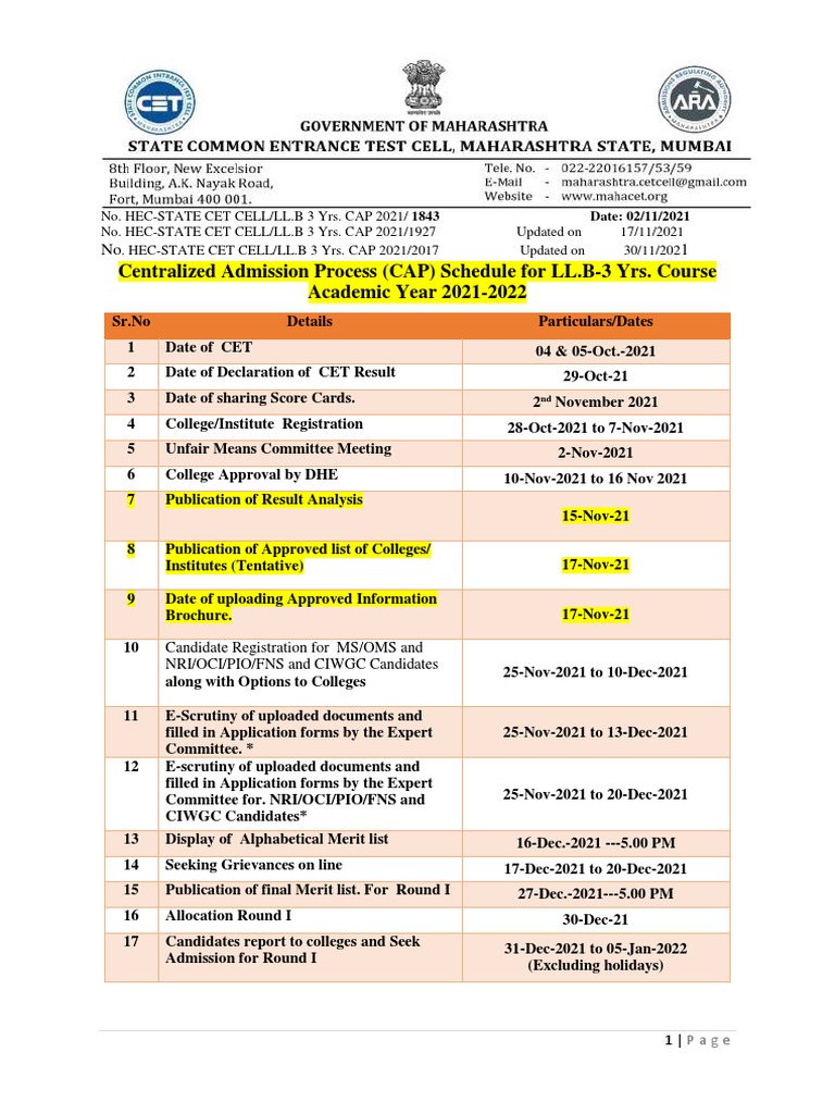 Centralized Admission Process (CAP) Schedule For LL.B3 Yrs. Course