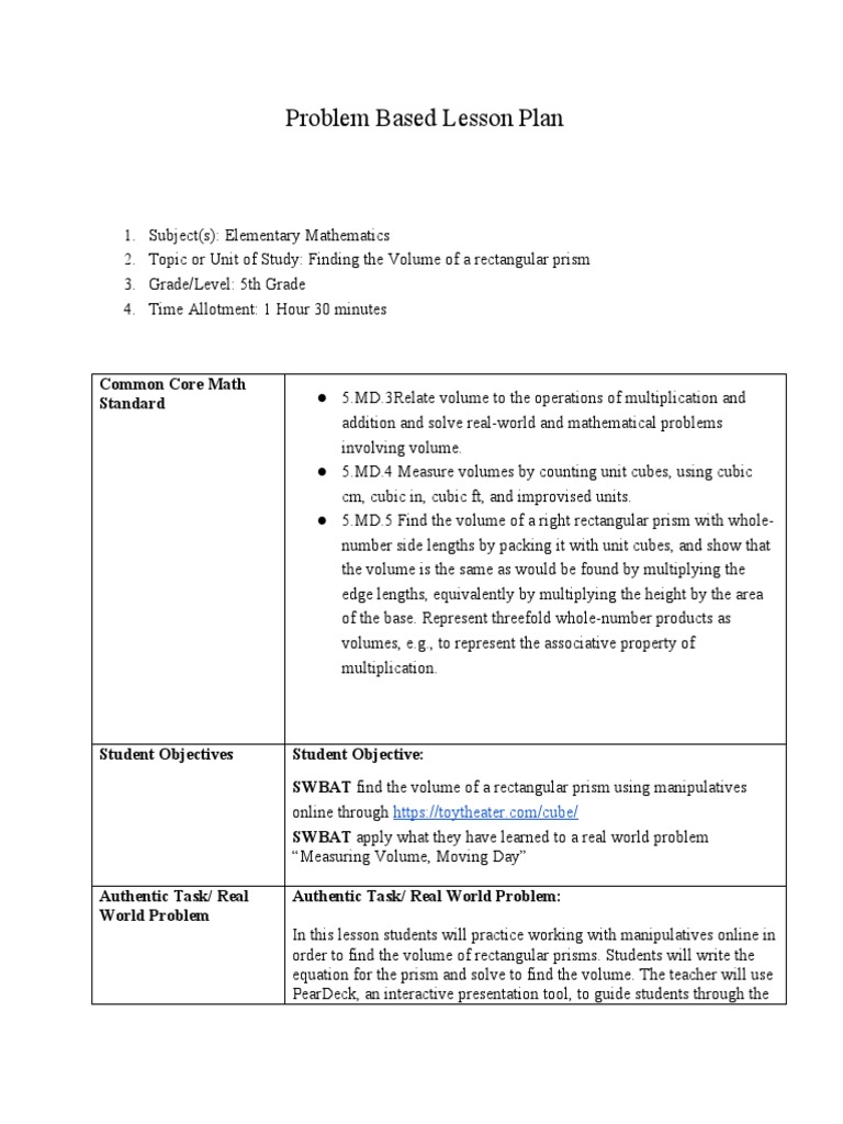 Problem Based Lesson Plan | PDF | Volume | Teachers
