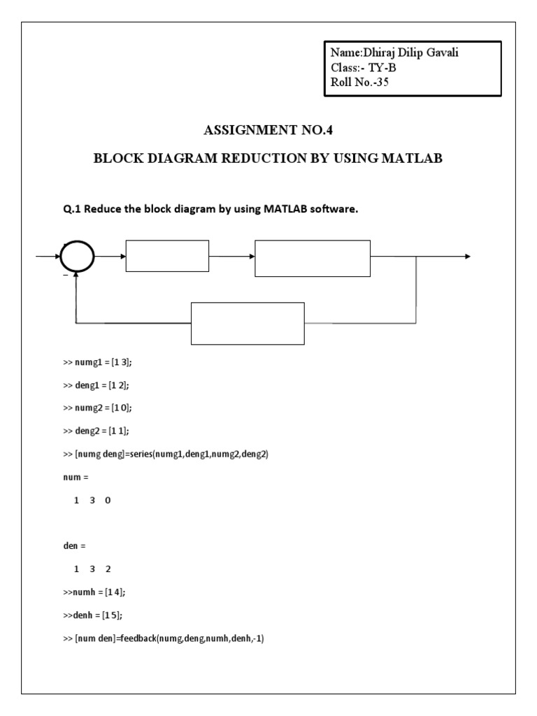 Assignment No.4 Block Diagram Reduction by Using Matlab | PDF ...