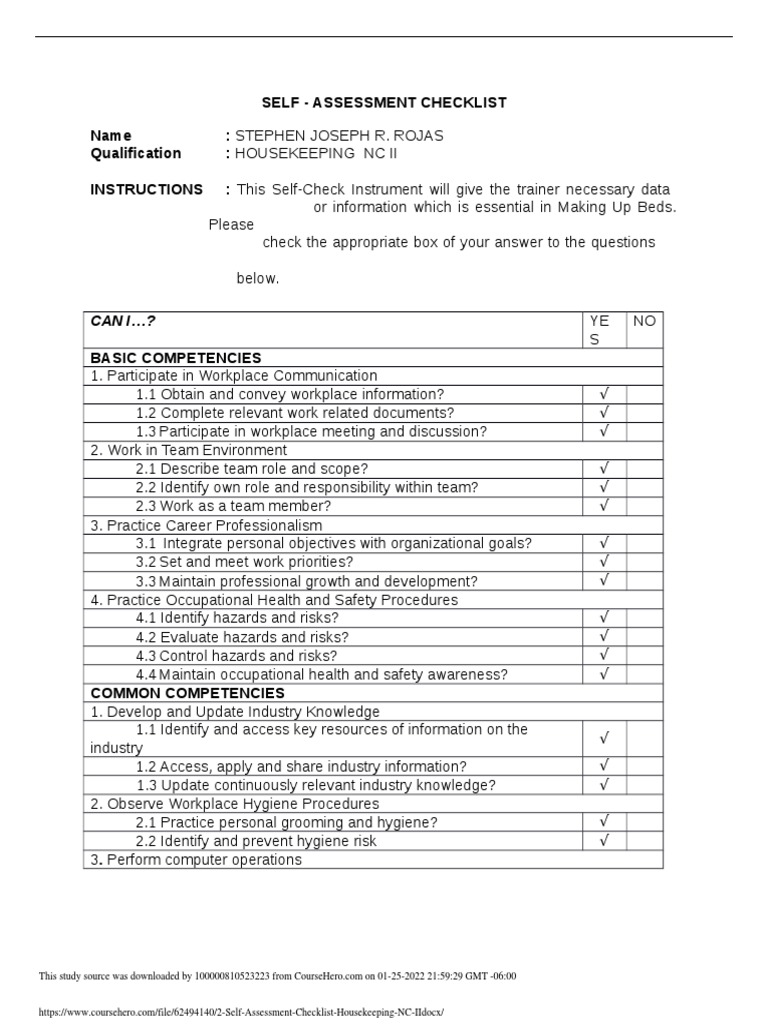 2 Self Assessment Checklist Housekeeping NC II PDF Laundry Risk