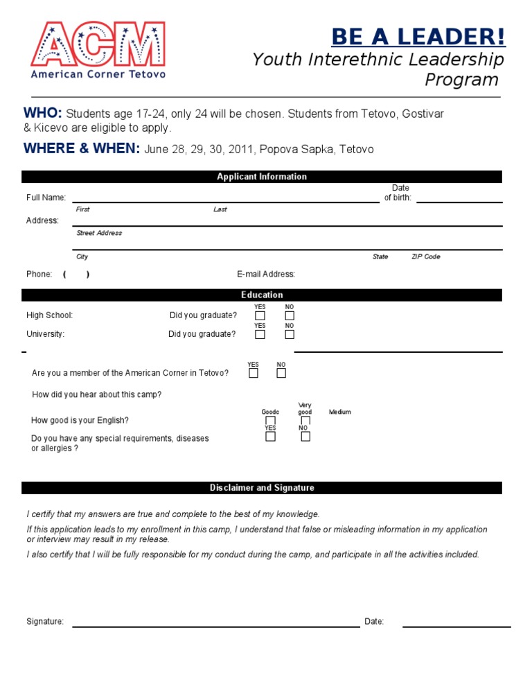 BEA A LEADER Camp Application | PDF