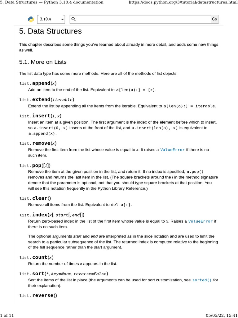 Data Structures - Python 3.10.4 Documentation | PDF | Queue (Abstract ...