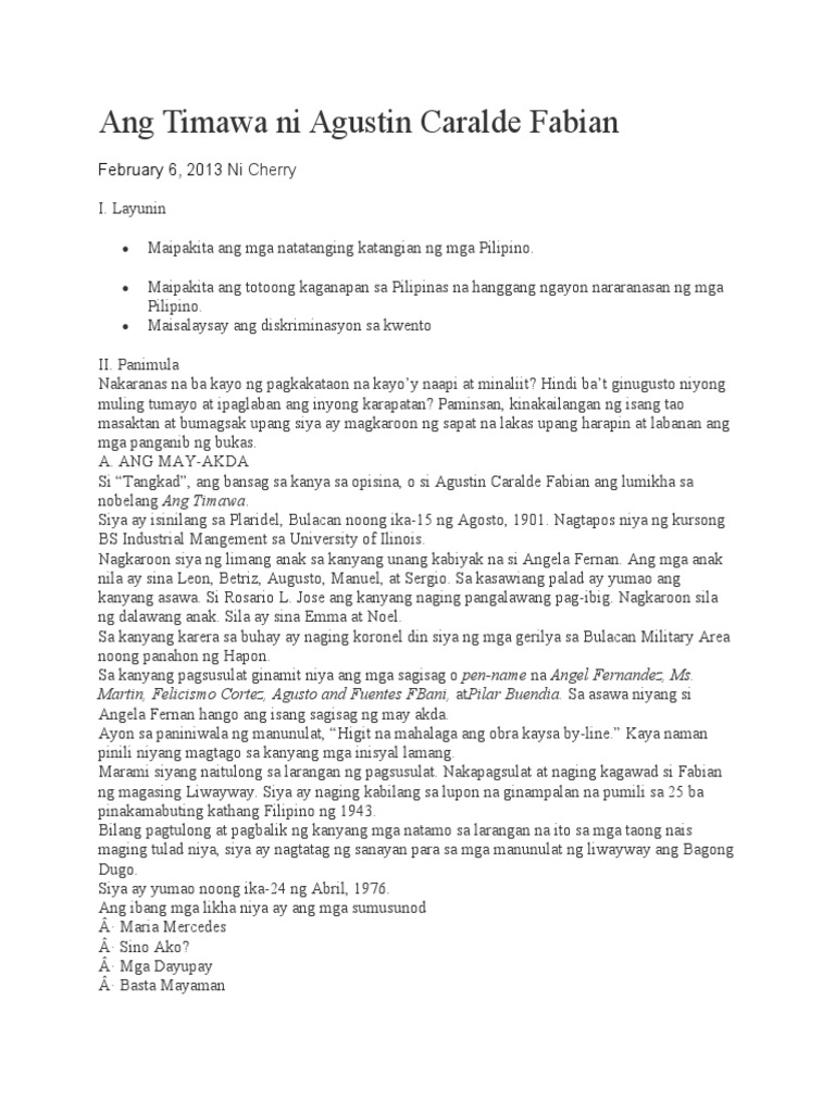 Ang Timawa Ni Agustin Caralde Fabian | PDF