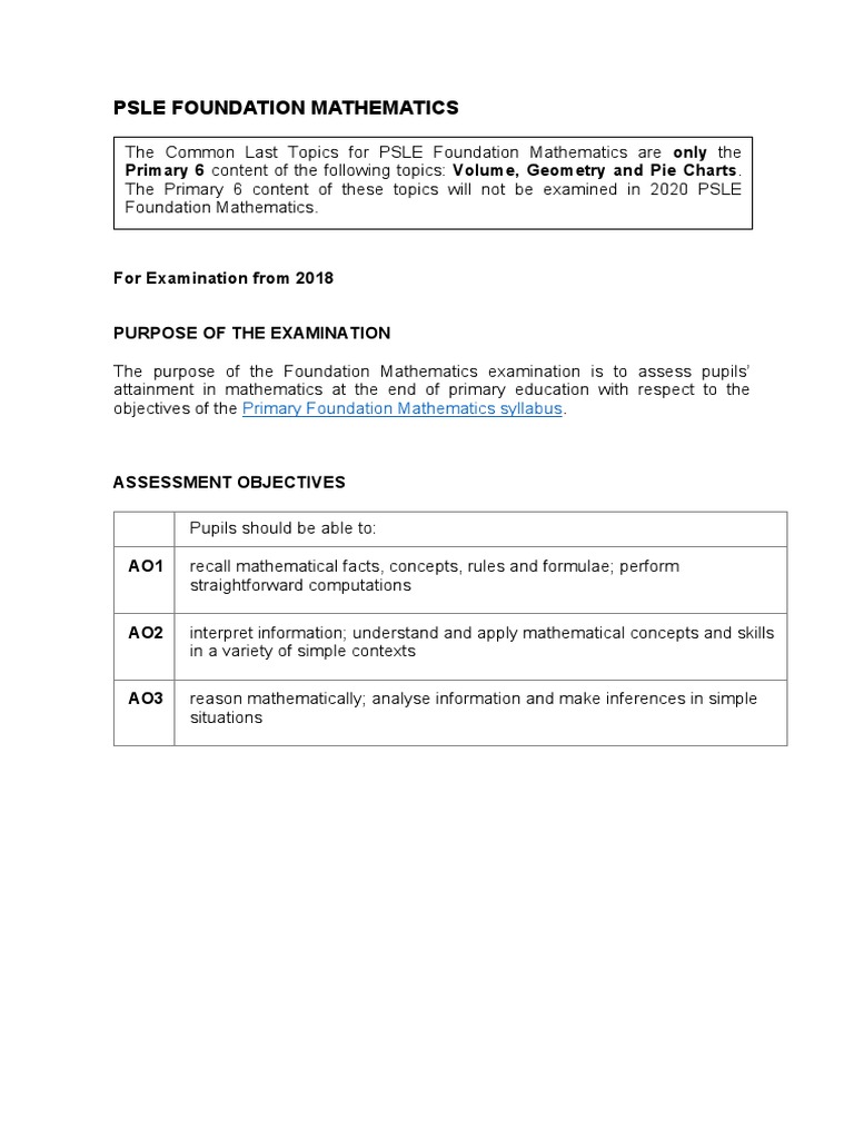 Psle Foundation Mathematics: Only The Primary 6 Content of The ...