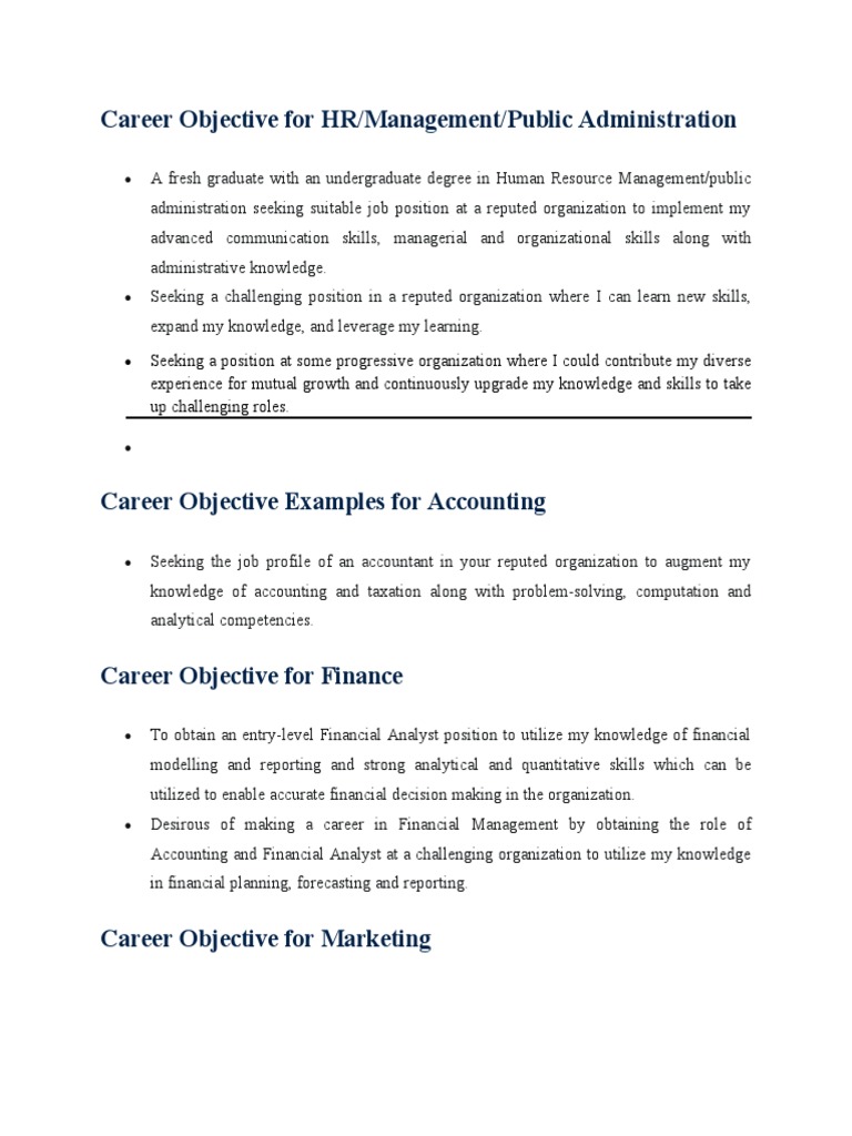 Career Objectives for HR and Admin Roles | PDF | Human Resource ...