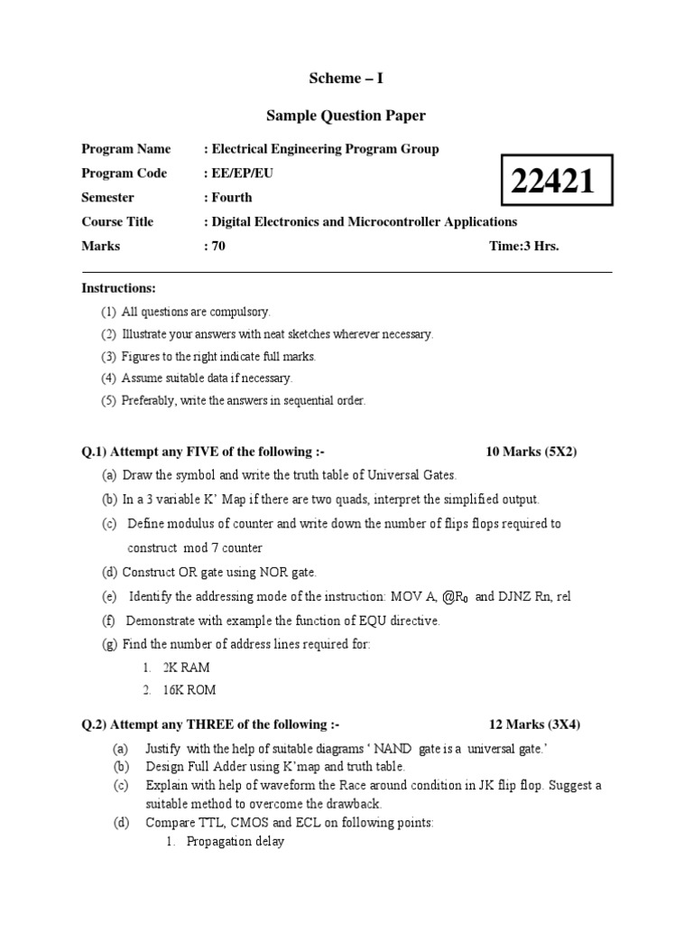 SampleQuestionPaper Digital Electronics and Microcontroller Applications PDF Digital