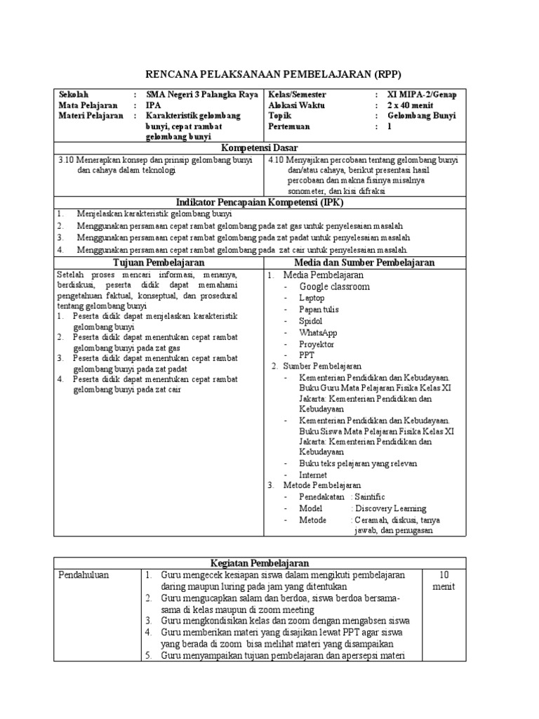 Rpp 1 Gelombang Bunyi Kelas Xi Mipa 2 Pdf